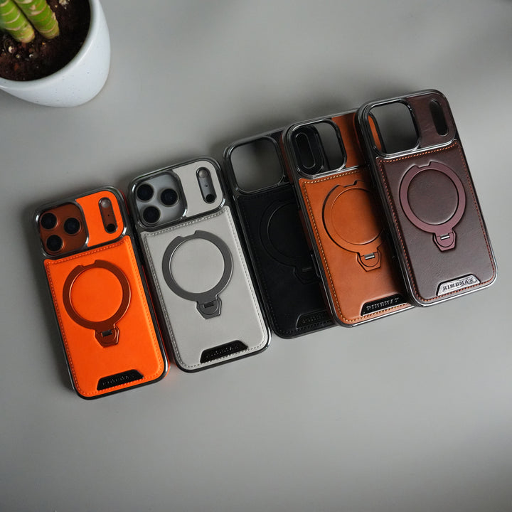 iPhone 17 Pro Luxury Leather Magnetic Ring Case | Metal Kickstand Cover with Chrome Frame