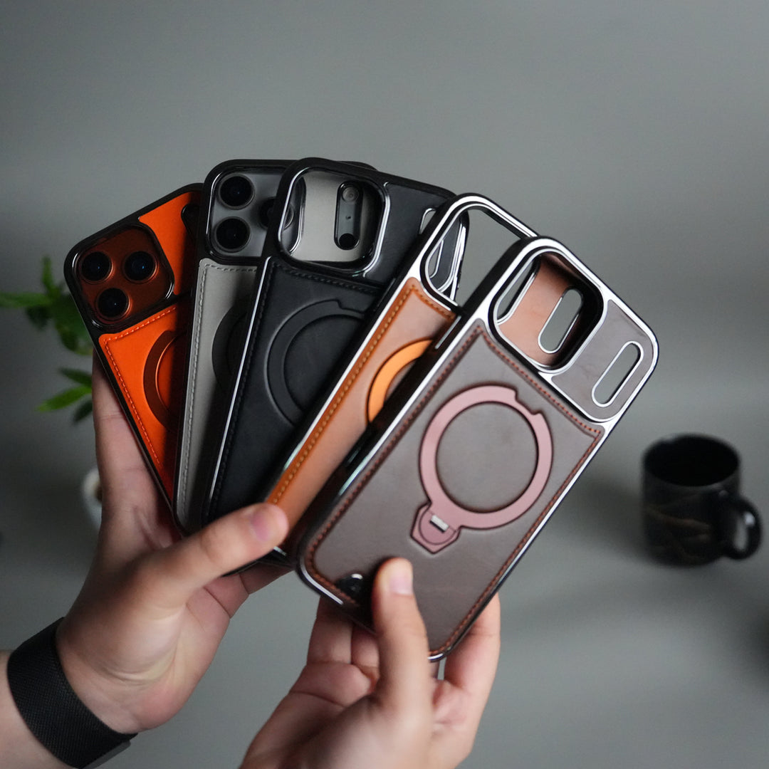 iPhone 17 Pro Luxury Leather Magnetic Ring Case | Metal Kickstand Cover with Chrome Frame