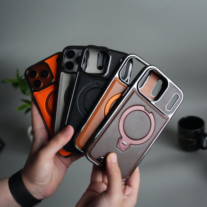 iPhone 17 Pro Luxury Leather Magnetic Ring Case | Metal Kickstand Cover with Chrome Frame