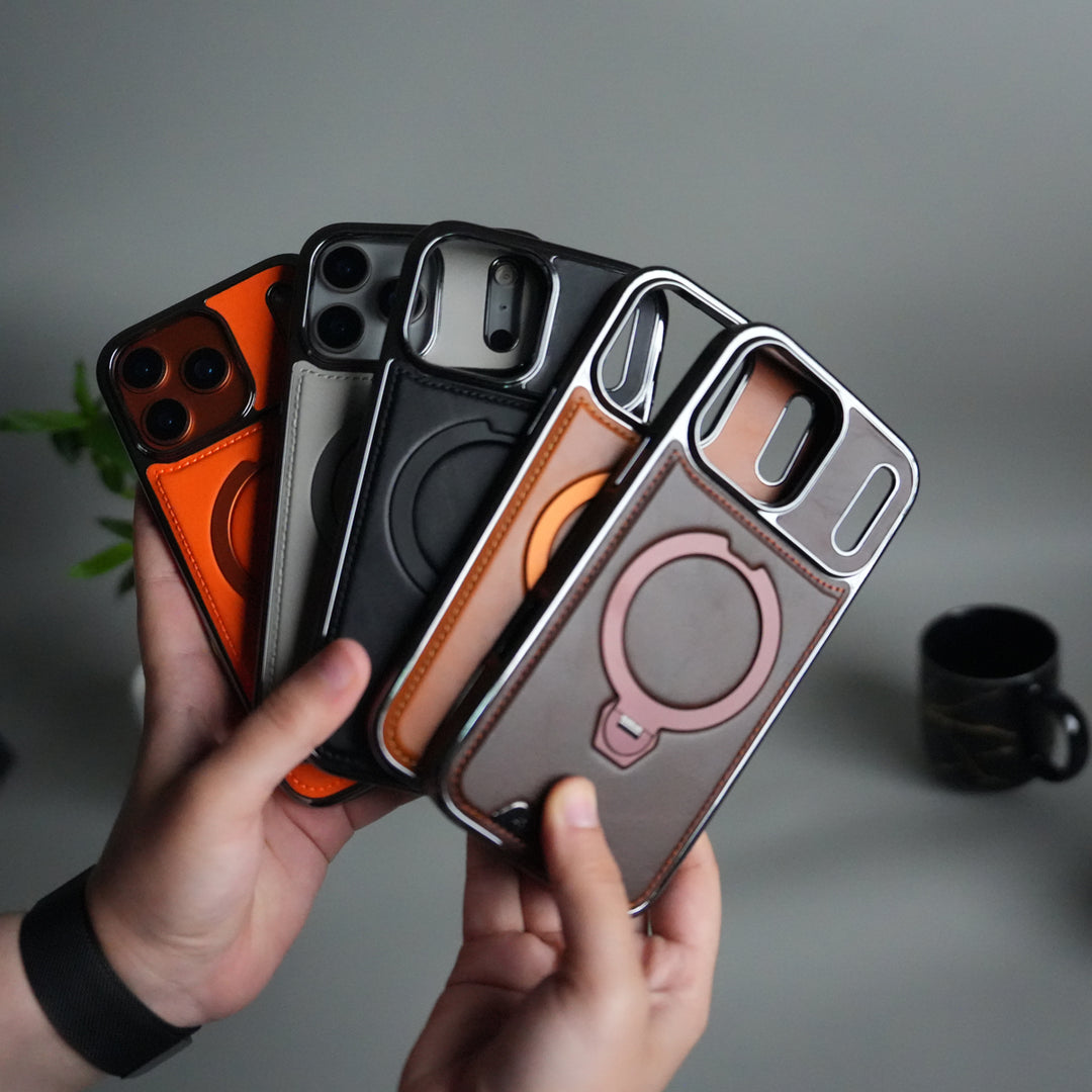 iPhone 17 Pro Luxury Leather Magnetic Ring Case | Metal Kickstand Cover with Chrome Frame
