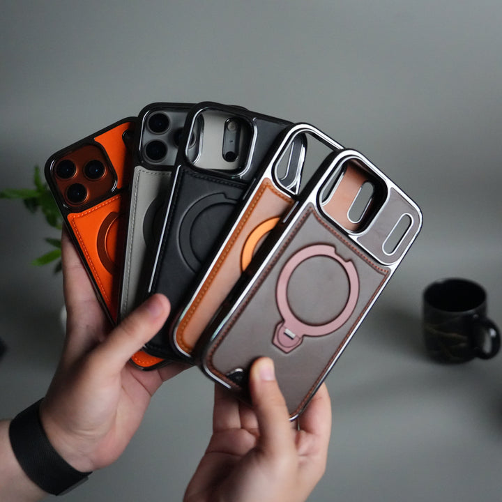iPhone 17 Pro Luxury Leather Magnetic Ring Case | Metal Kickstand Cover with Chrome Frame
