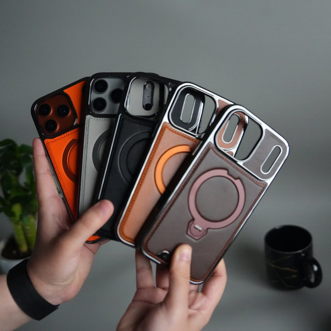 iPhone 17 Pro Luxury Leather Magnetic Ring Case | Metal Kickstand Cover with Chrome Frame