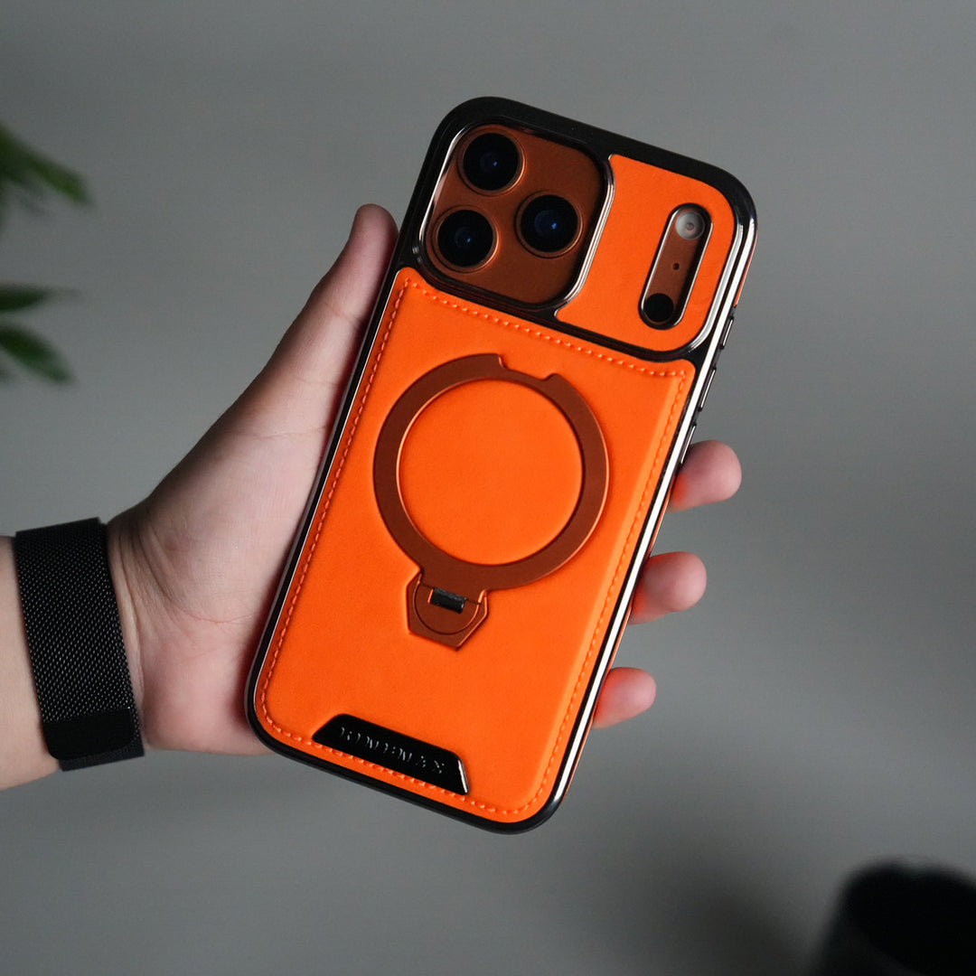 iPhone 17 Pro Luxury Leather Magnetic Ring Case | Metal Kickstand Cover with Chrome Frame