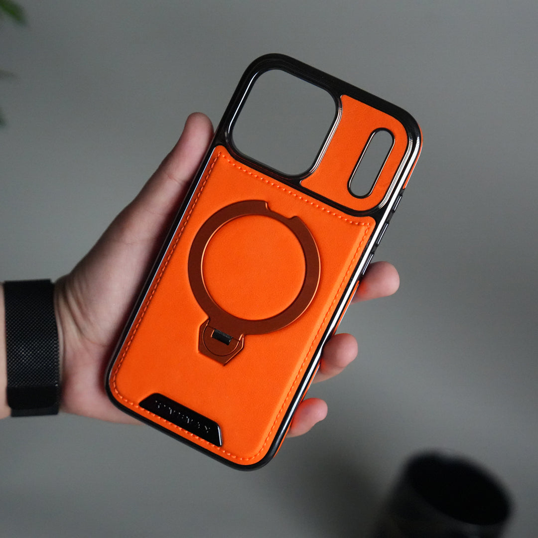 iPhone 17 Pro Luxury Leather Magnetic Ring Case | Metal Kickstand Cover with Chrome Frame