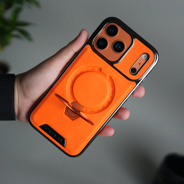 iPhone 17 Pro Luxury Leather Magnetic Ring Case | Metal Kickstand Cover with Chrome Frame
