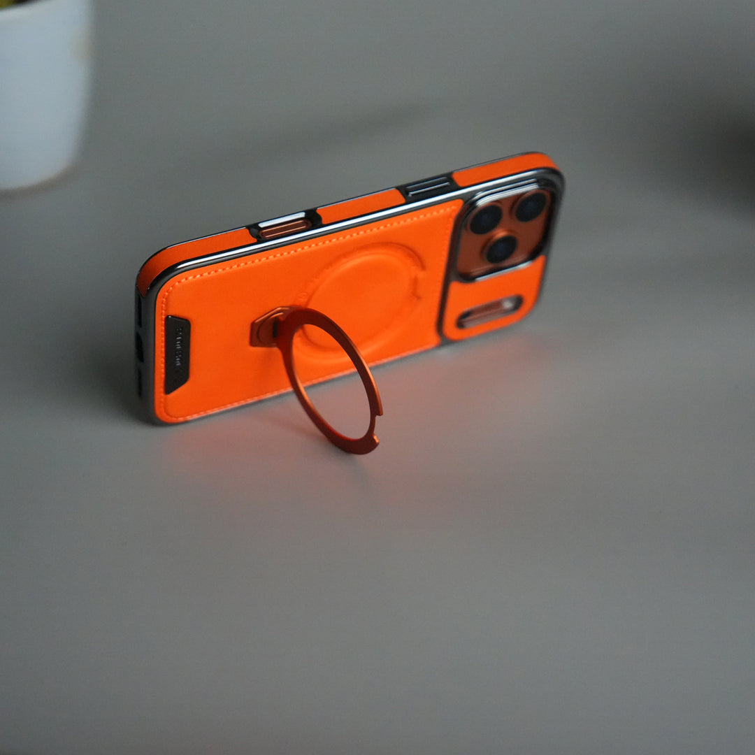 iPhone 17 Pro Luxury Leather Magnetic Ring Case | Metal Kickstand Cover with Chrome Frame