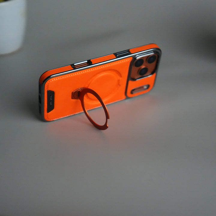 iPhone 17 Pro Luxury Leather Magnetic Ring Case | Metal Kickstand Cover with Chrome Frame