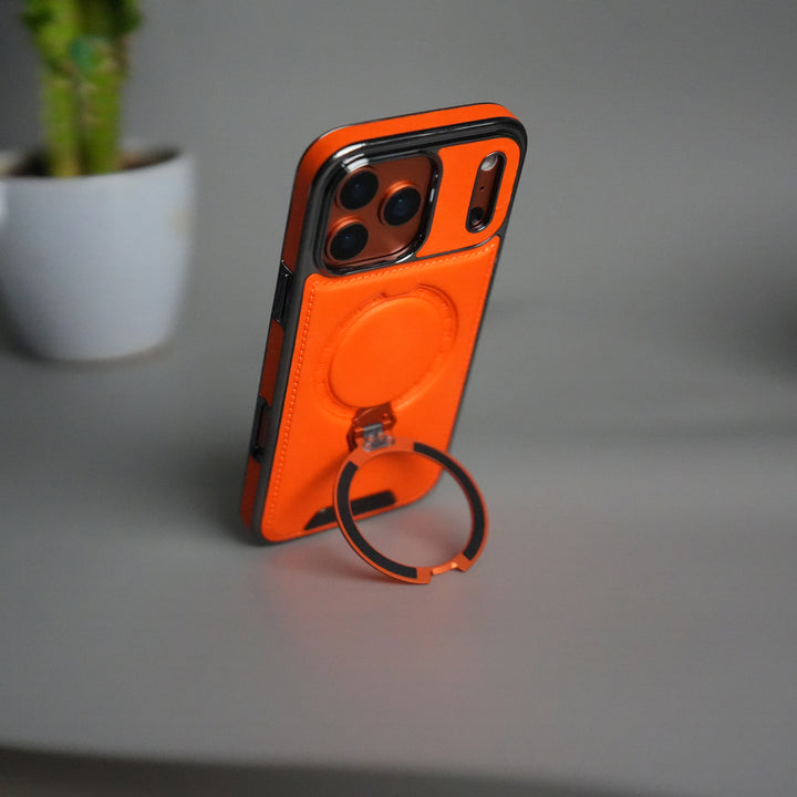 iPhone 17 Pro Luxury Leather Magnetic Ring Case | Metal Kickstand Cover with Chrome Frame