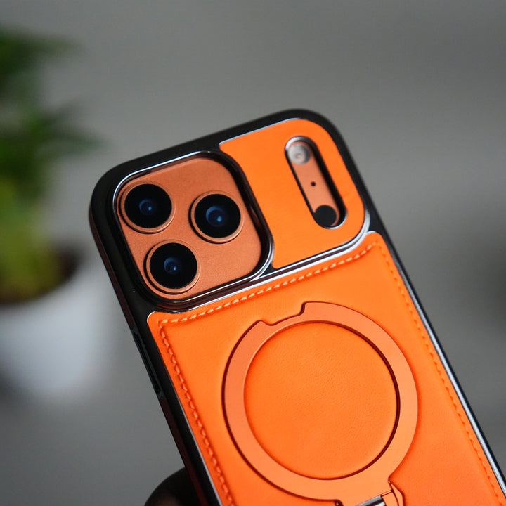 iPhone 17 Pro Luxury Leather Magnetic Ring Case | Metal Kickstand Cover with Chrome Frame