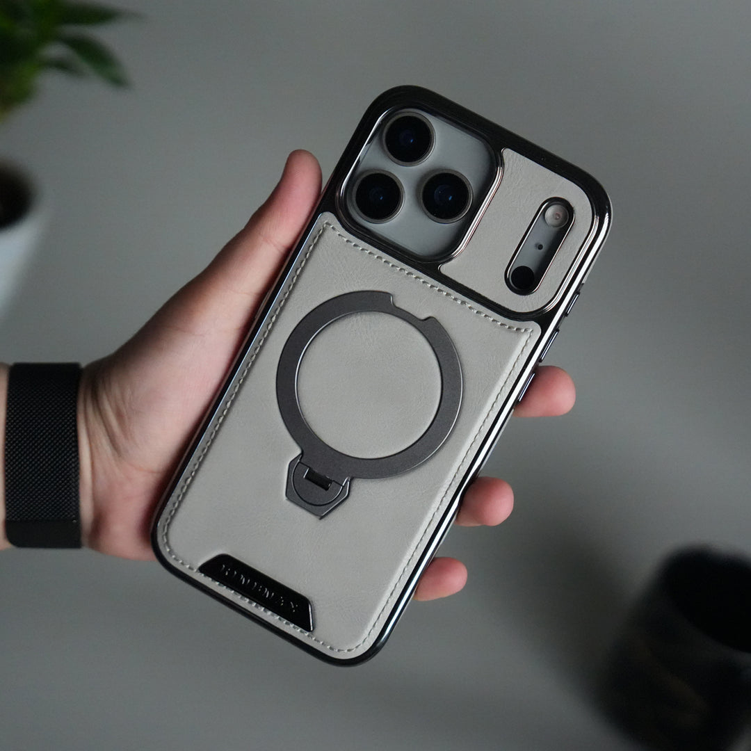 iPhone 17 Pro Luxury Leather Magnetic Ring Case | Metal Kickstand Cover with Chrome Frame