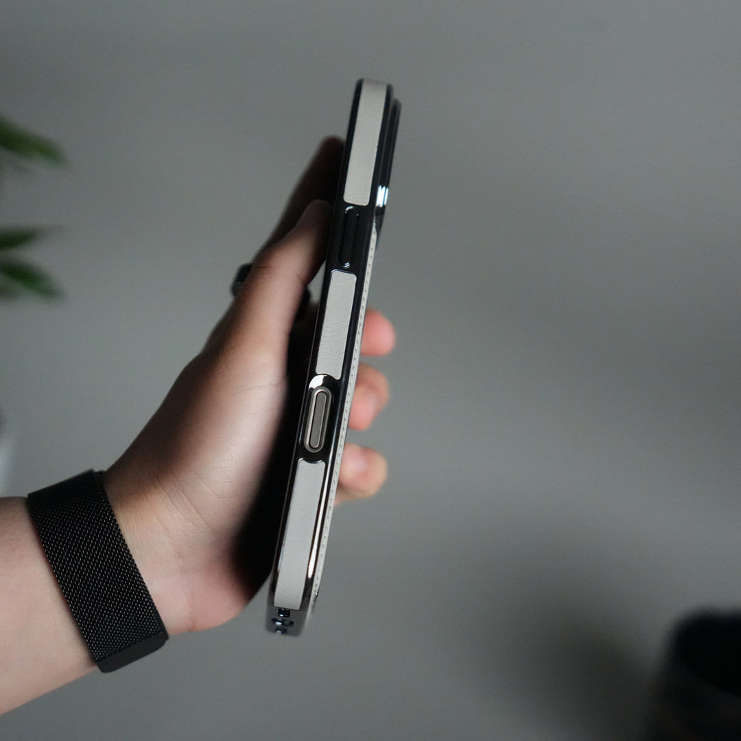 iPhone 17 Pro Luxury Leather Magnetic Ring Case | Metal Kickstand Cover with Chrome Frame