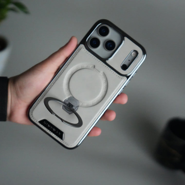 iPhone 17 Pro Luxury Leather Magnetic Ring Case | Metal Kickstand Cover with Chrome Frame
