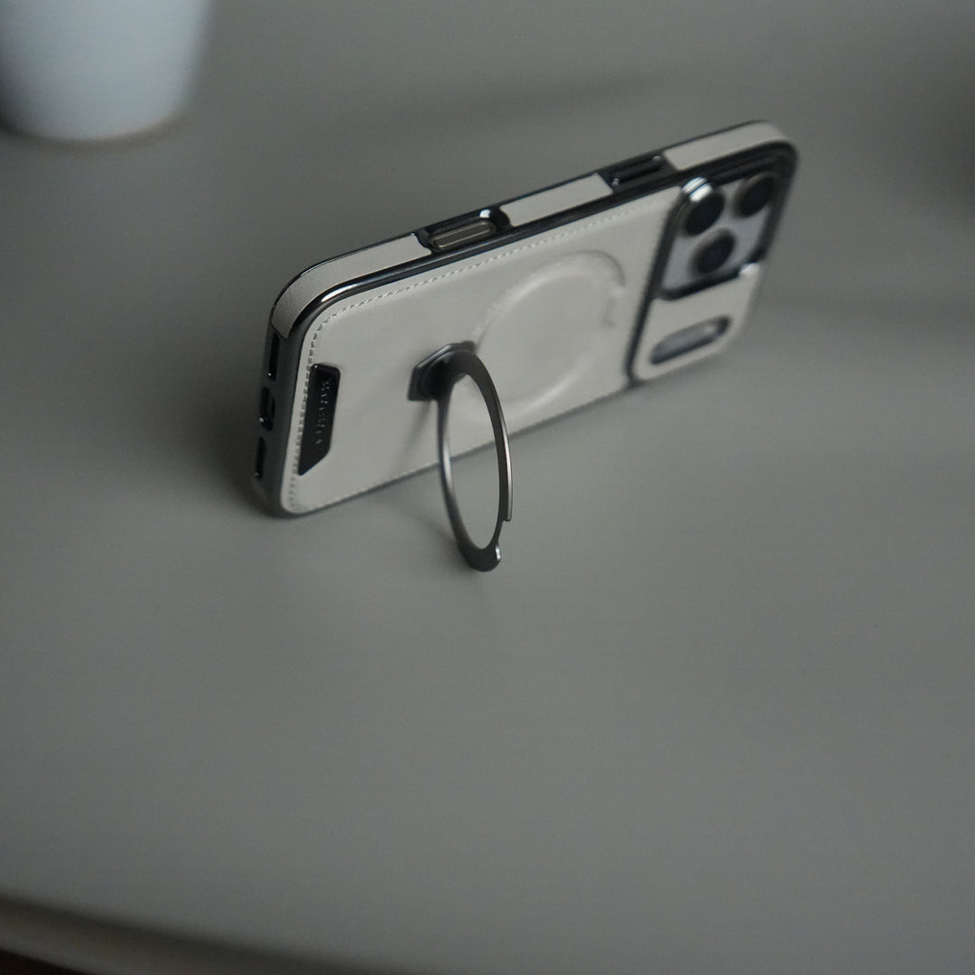 iPhone 17 Pro Luxury Leather Magnetic Ring Case | Metal Kickstand Cover with Chrome Frame