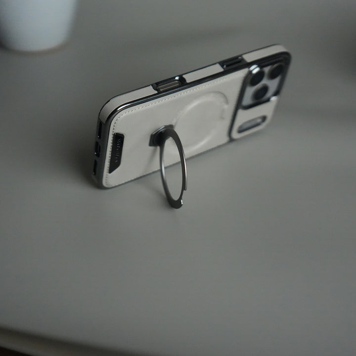 iPhone 17 Pro Luxury Leather Magnetic Ring Case | Metal Kickstand Cover with Chrome Frame