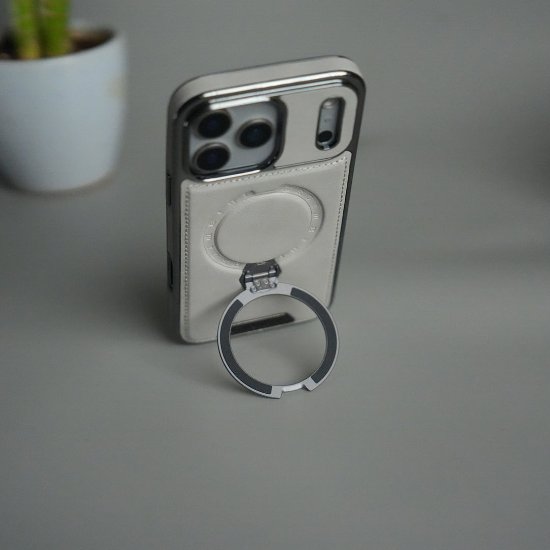 iPhone 17 Pro Luxury Leather Magnetic Ring Case | Metal Kickstand Cover with Chrome Frame