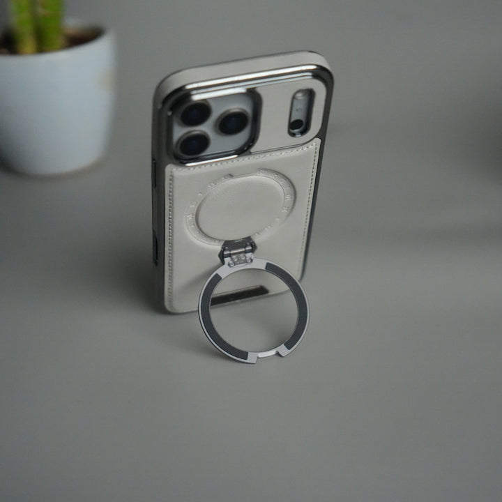 iPhone 17 Pro Luxury Leather Magnetic Ring Case | Metal Kickstand Cover with Chrome Frame
