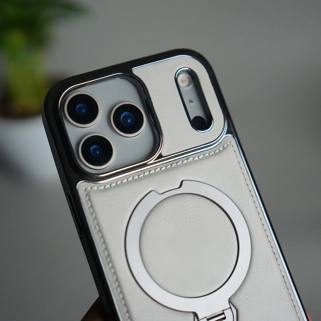 iPhone 17 Pro Luxury Leather Magnetic Ring Case | Metal Kickstand Cover with Chrome Frame