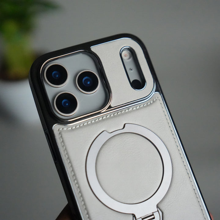 iPhone 17 Pro Luxury Leather Magnetic Ring Case | Metal Kickstand Cover with Chrome Frame