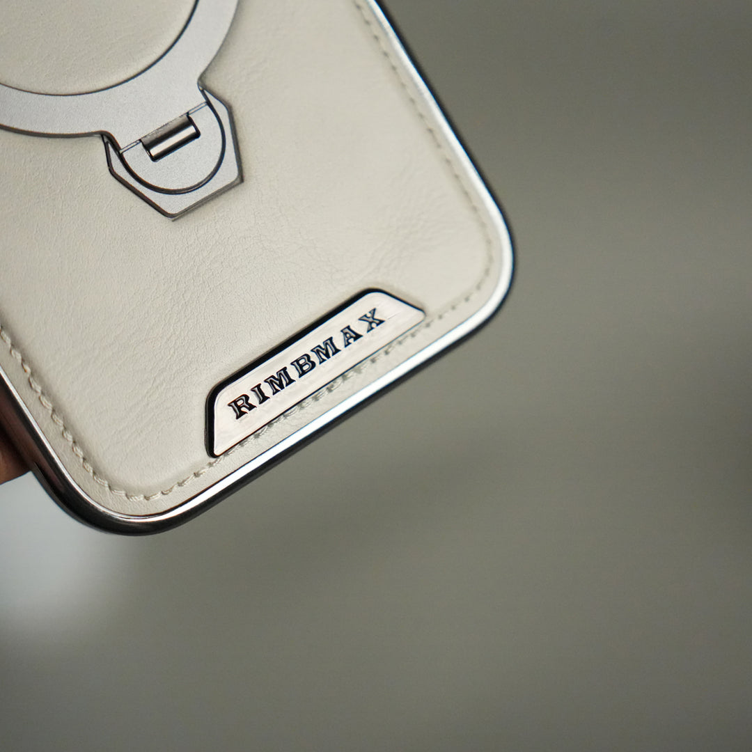 iPhone 17 Pro Luxury Leather Magnetic Ring Case | Metal Kickstand Cover with Chrome Frame