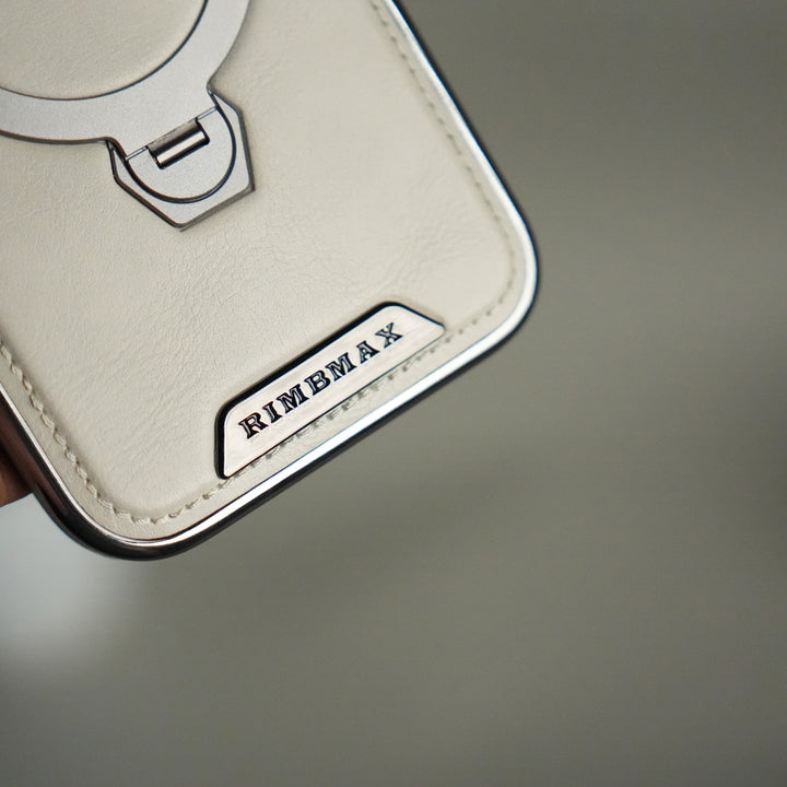 iPhone 17 Pro Luxury Leather Magnetic Ring Case | Metal Kickstand Cover with Chrome Frame