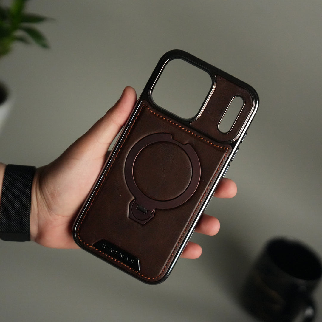 iPhone 17 Pro Luxury Leather Magnetic Ring Case | Metal Kickstand Cover with Chrome Frame