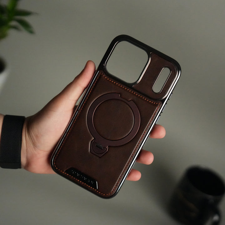 iPhone 17 Pro Luxury Leather Magnetic Ring Case | Metal Kickstand Cover with Chrome Frame