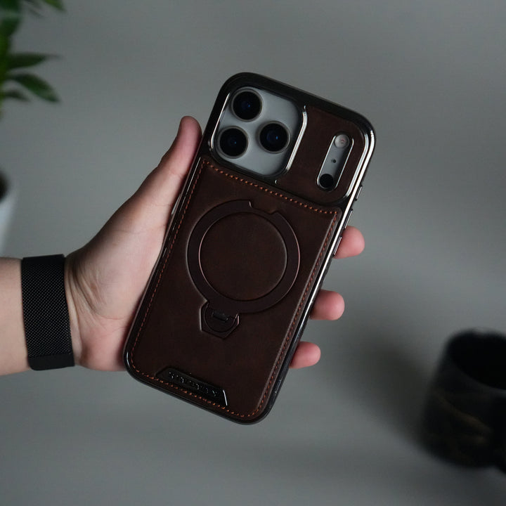 iPhone 17 Pro Luxury Leather Magnetic Ring Case | Metal Kickstand Cover with Chrome Frame