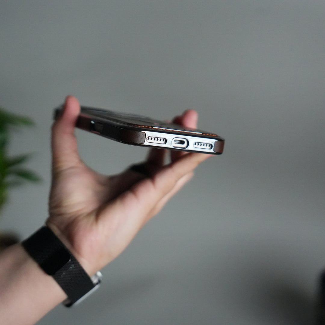 iPhone 17 Pro Luxury Leather Magnetic Ring Case | Metal Kickstand Cover with Chrome Frame