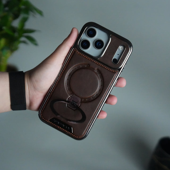 iPhone 17 Pro Luxury Leather Magnetic Ring Case | Metal Kickstand Cover with Chrome Frame