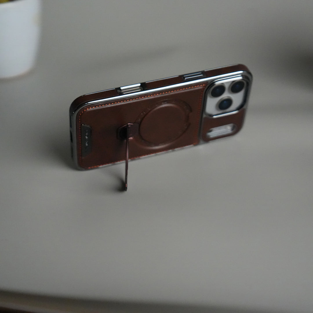iPhone 17 Pro Luxury Leather Magnetic Ring Case | Metal Kickstand Cover with Chrome Frame