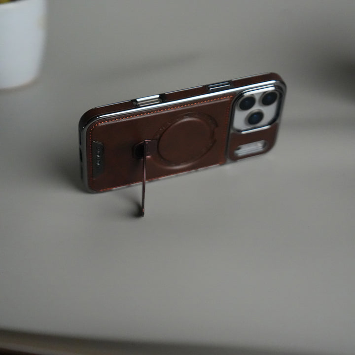 iPhone 17 Pro Luxury Leather Magnetic Ring Case | Metal Kickstand Cover with Chrome Frame