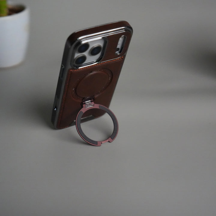 iPhone 17 Pro Luxury Leather Magnetic Ring Case | Metal Kickstand Cover with Chrome Frame