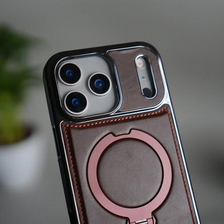 iPhone 17 Pro Luxury Leather Magnetic Ring Case | Metal Kickstand Cover with Chrome Frame
