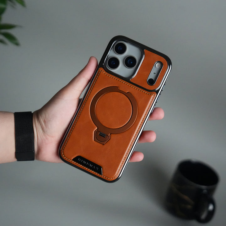 iPhone 17 Pro Luxury Leather Magnetic Ring Case | Metal Kickstand Cover with Chrome Frame