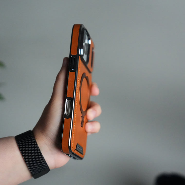 iPhone 17 Pro Luxury Leather Magnetic Ring Case | Metal Kickstand Cover with Chrome Frame