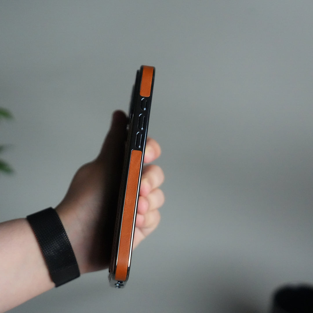 iPhone 17 Pro Luxury Leather Magnetic Ring Case | Metal Kickstand Cover with Chrome Frame