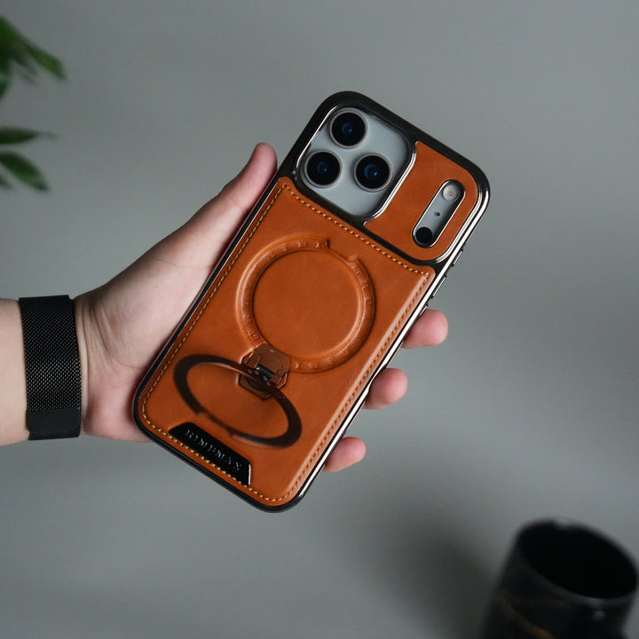iPhone 17 Pro Luxury Leather Magnetic Ring Case | Metal Kickstand Cover with Chrome Frame