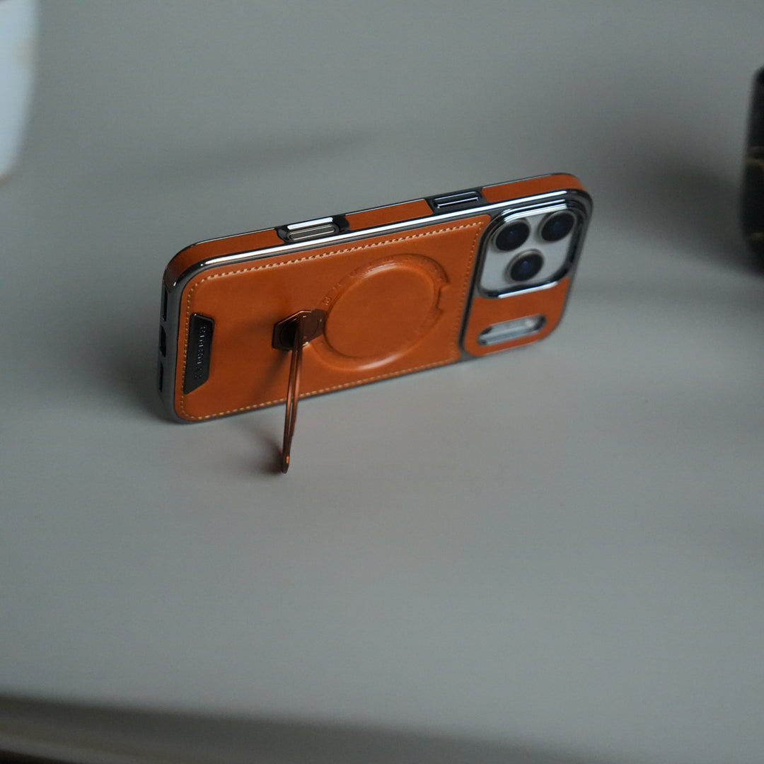 iPhone 17 Pro Luxury Leather Magnetic Ring Case | Metal Kickstand Cover with Chrome Frame