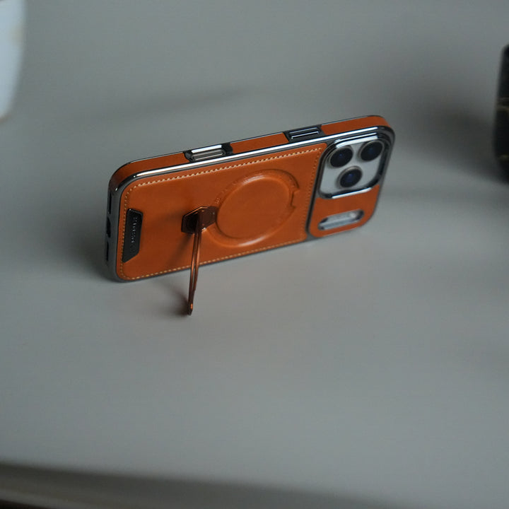 iPhone 17 Pro Luxury Leather Magnetic Ring Case | Metal Kickstand Cover with Chrome Frame