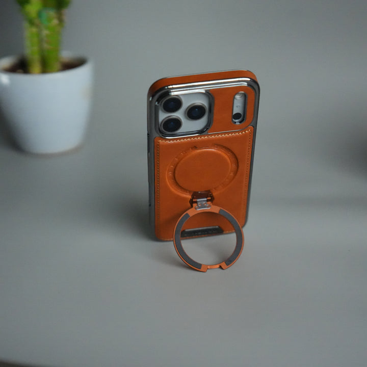 iPhone 17 Pro Luxury Leather Magnetic Ring Case | Metal Kickstand Cover with Chrome Frame