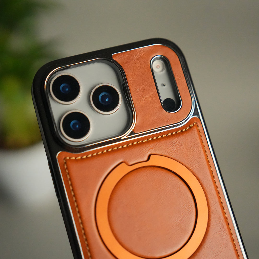 iPhone 17 Pro Luxury Leather Magnetic Ring Case | Metal Kickstand Cover with Chrome Frame