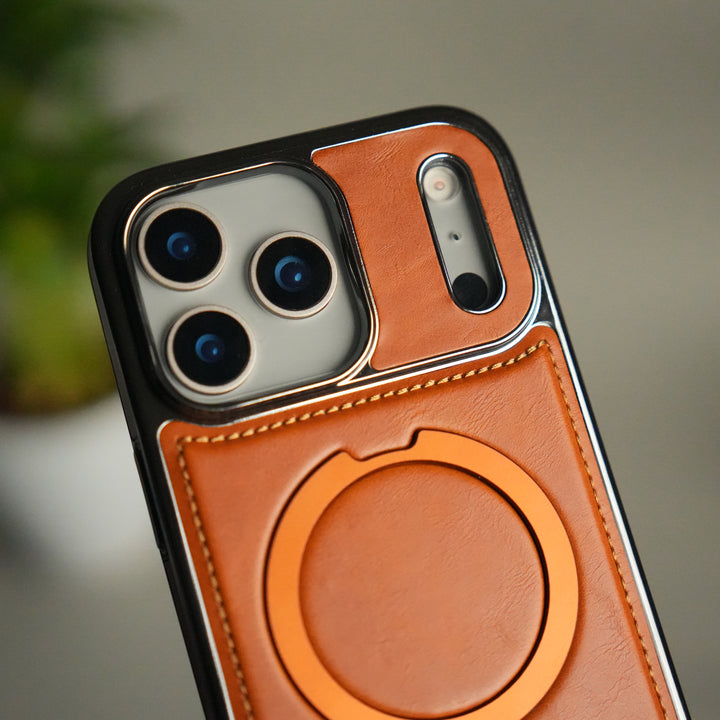 iPhone 17 Pro Luxury Leather Magnetic Ring Case | Metal Kickstand Cover with Chrome Frame