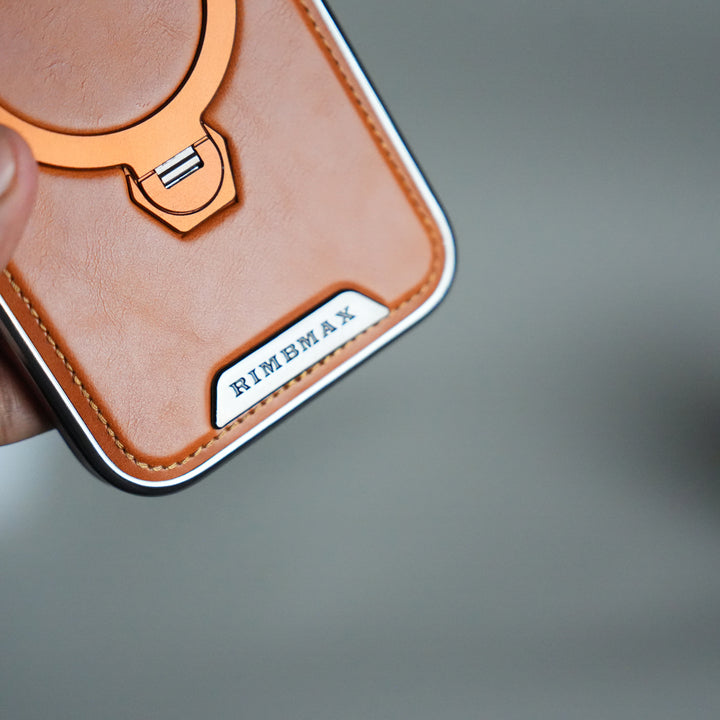 iPhone 17 Pro Luxury Leather Magnetic Ring Case | Metal Kickstand Cover with Chrome Frame