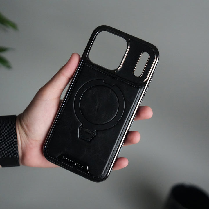 iPhone 17 Pro Luxury Leather Magnetic Ring Case | Metal Kickstand Cover with Chrome Frame