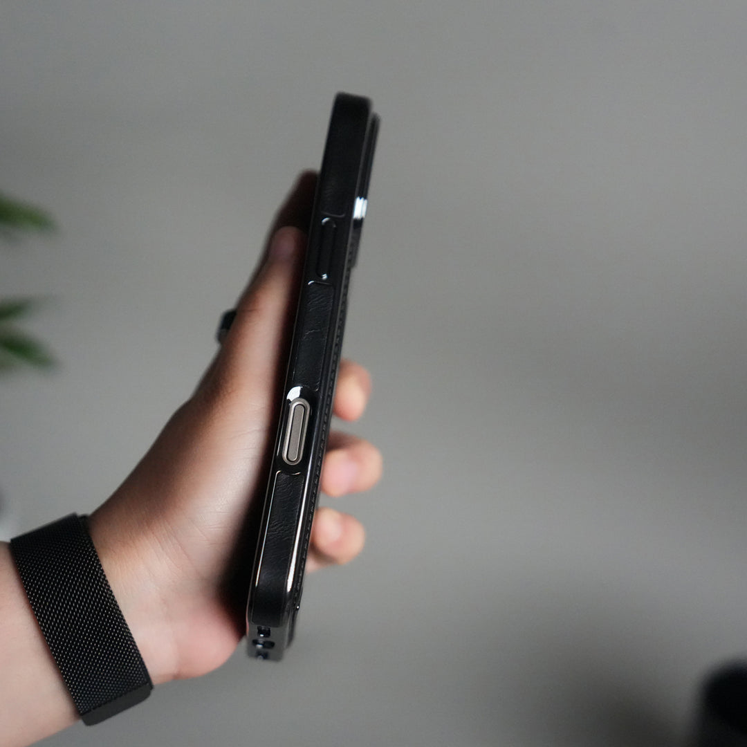 iPhone 17 Pro Luxury Leather Magnetic Ring Case | Metal Kickstand Cover with Chrome Frame