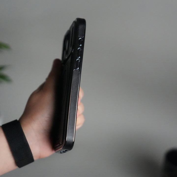 iPhone 17 Pro Luxury Leather Magnetic Ring Case | Metal Kickstand Cover with Chrome Frame