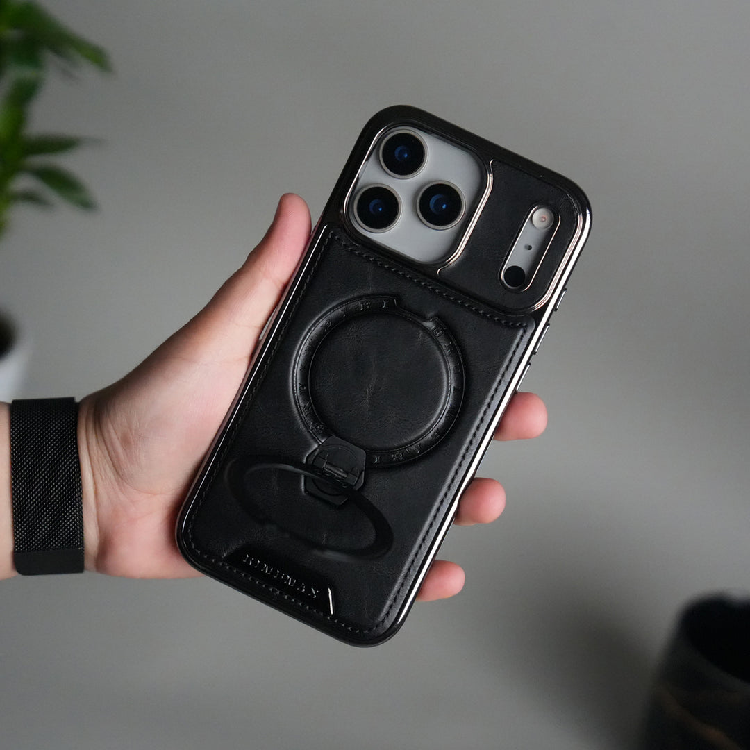 iPhone 17 Pro Luxury Leather Magnetic Ring Case | Metal Kickstand Cover with Chrome Frame