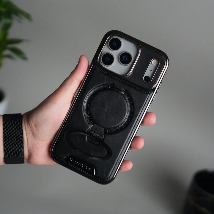 iPhone 17 Pro Luxury Leather Magnetic Ring Case | Metal Kickstand Cover with Chrome Frame