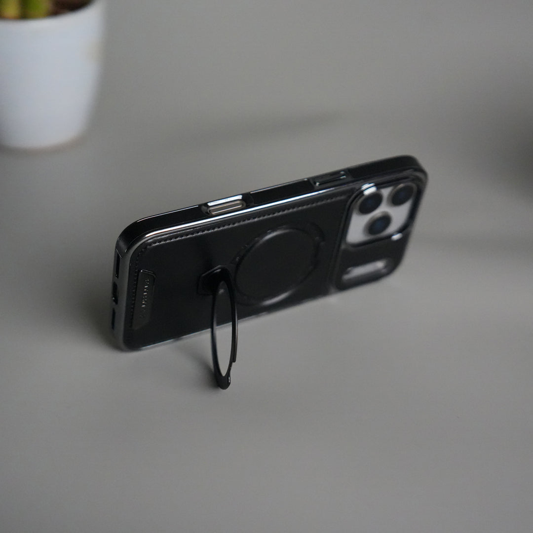 iPhone 17 Pro Luxury Leather Magnetic Ring Case | Metal Kickstand Cover with Chrome Frame