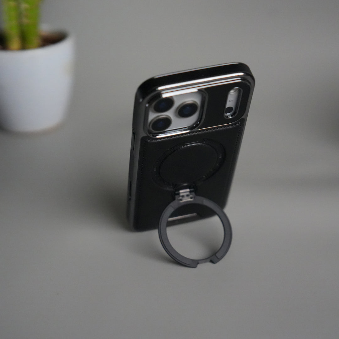 iPhone 17 Pro Luxury Leather Magnetic Ring Case | Metal Kickstand Cover with Chrome Frame